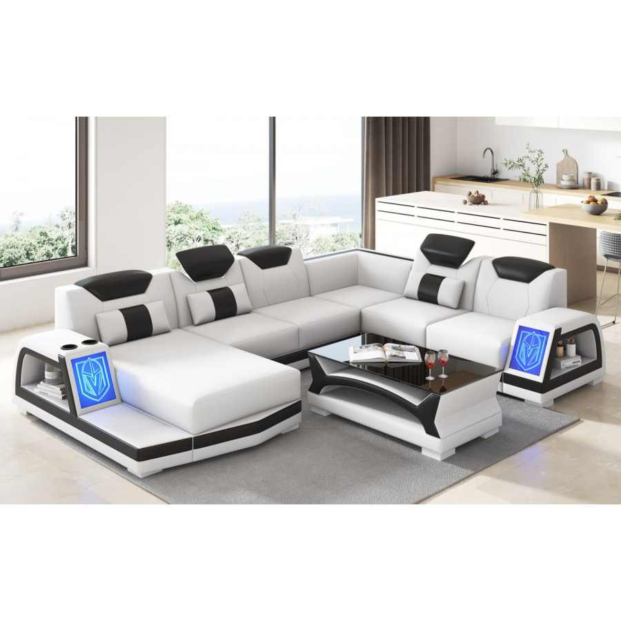 Jubilee Vincenzo Futuristic Modern Left Hand Facing Sectional with Illuminating Led - White/Black, Top Grain Italian Leather