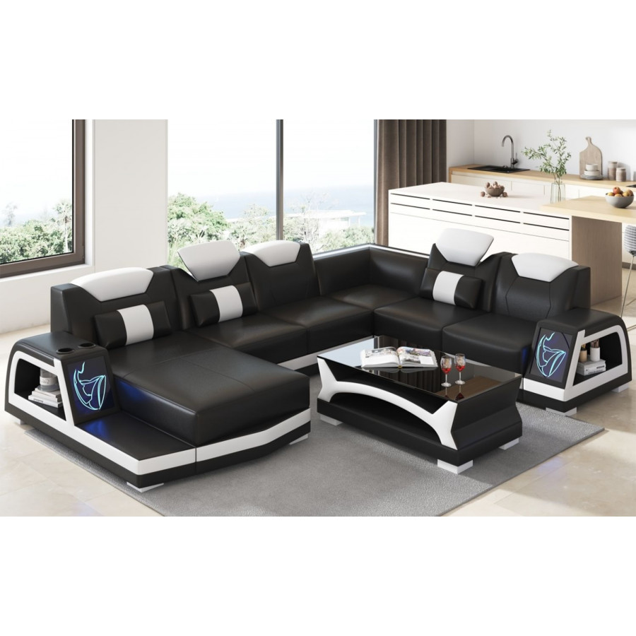Jubilee Vincenzo Futuristic Modern Left Hand Facing Sectional with Illuminating Led - Black/White, Top Grain Italian Leather