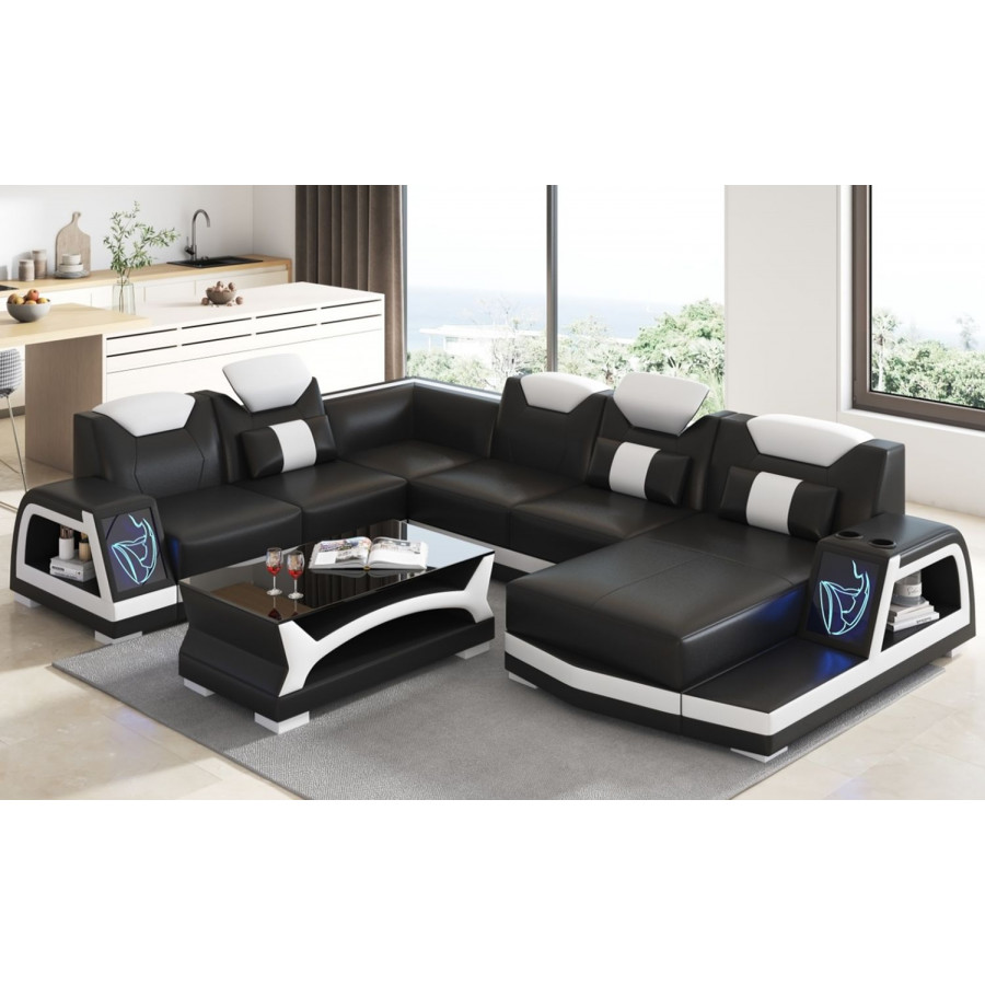 Jubilee Vincenzo Futuristic Modern Right Hand Facing Sectional with Illuminating Led - Black/White, Top Grain Italian Leather