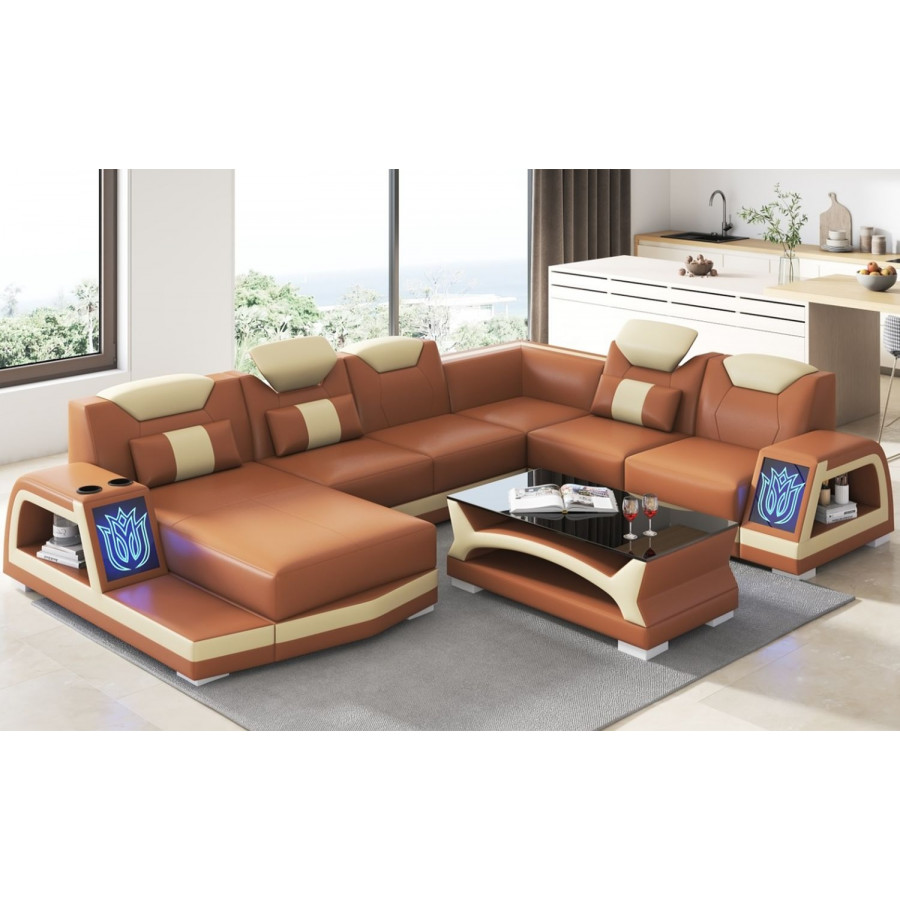 Jubilee Vincenzo Futuristic Modern Left Hand Facing Sectional with Illuminating Led - Brown/Beige, Bonded Leather