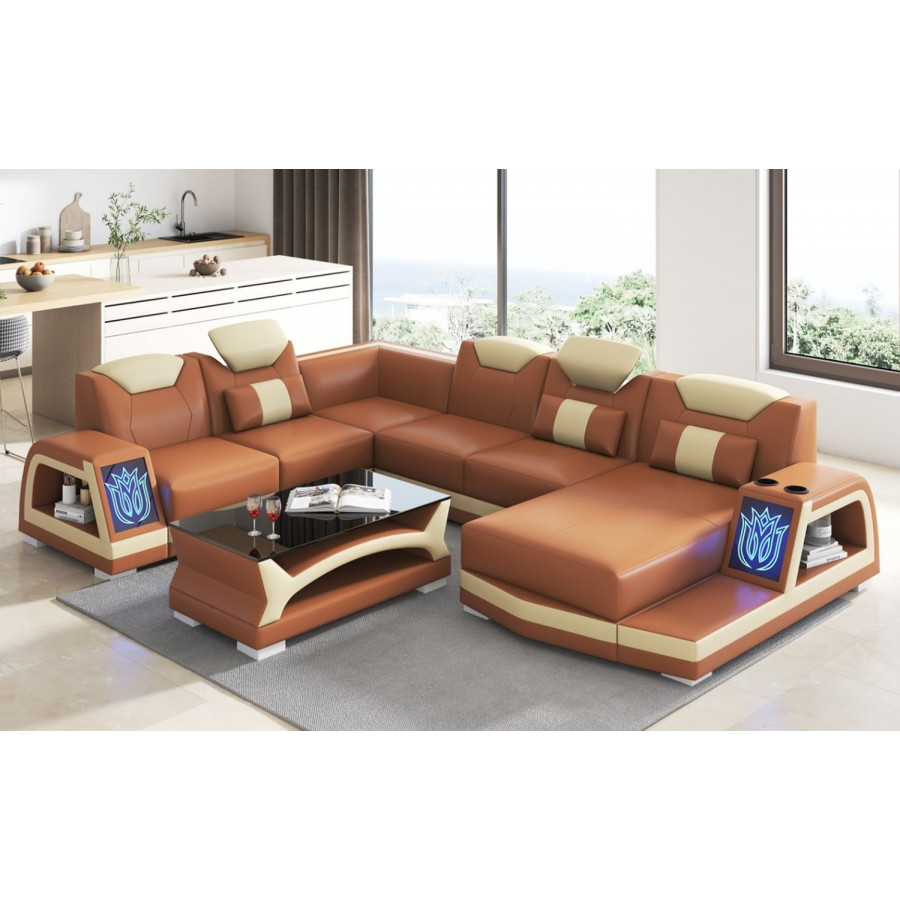 Jubilee Vincenzo Futuristic Modern Right Hand Facing Sectional with Illuminating Led - Brown/Beige, Top Grain Italian Leather
