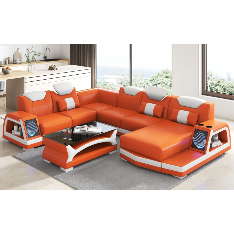 Jubilee Vincenzo Futuristic Modern Right Hand Facing Sectional with Illuminating Led - Orange/White, Bonded Leather