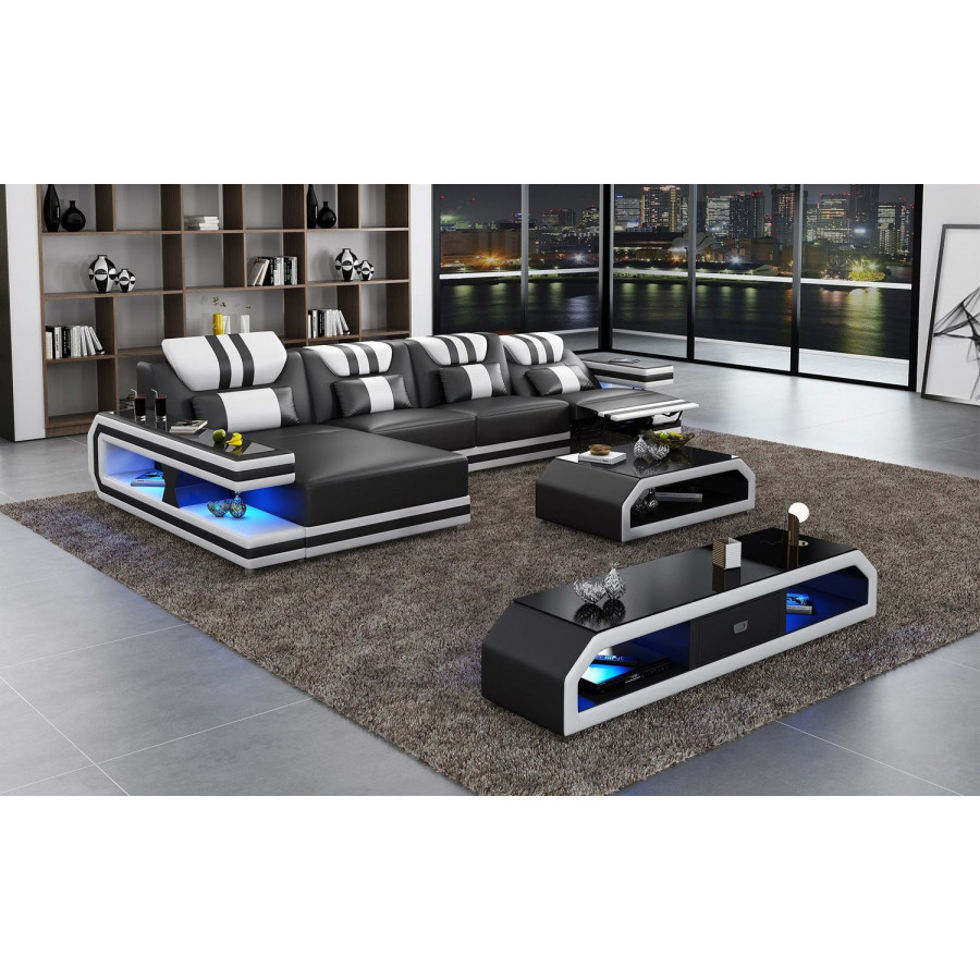 Jubilee Maximus Modern Recliner Left Hand Facing Sectional with Mood - Black/White, Top Grain Italian Leather