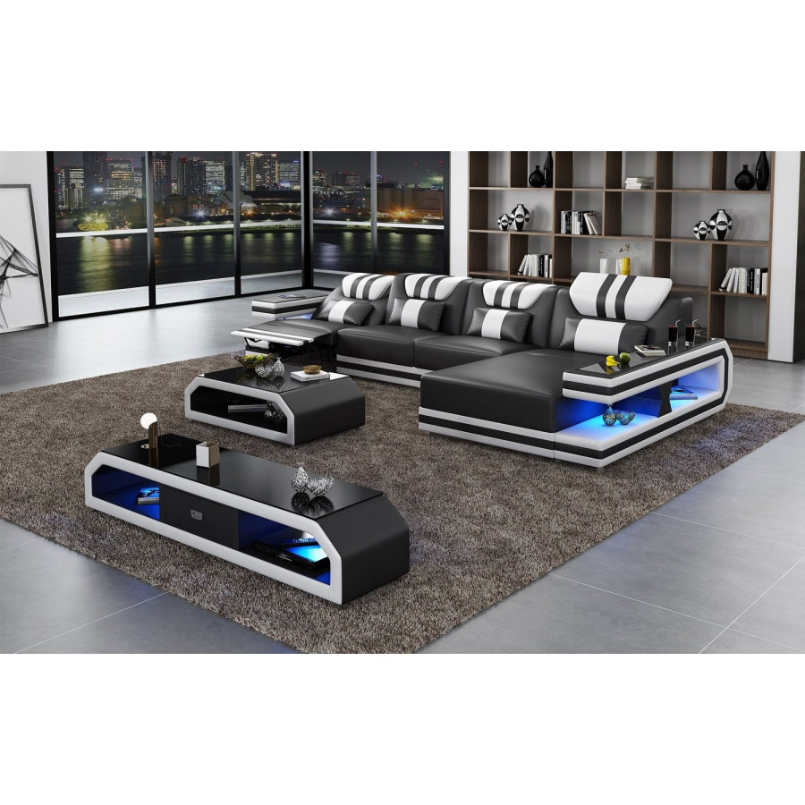 Jubilee Maximus Modern Recliner Right Hand Facing Sectional with Mood - Black/White, Bonded Leather