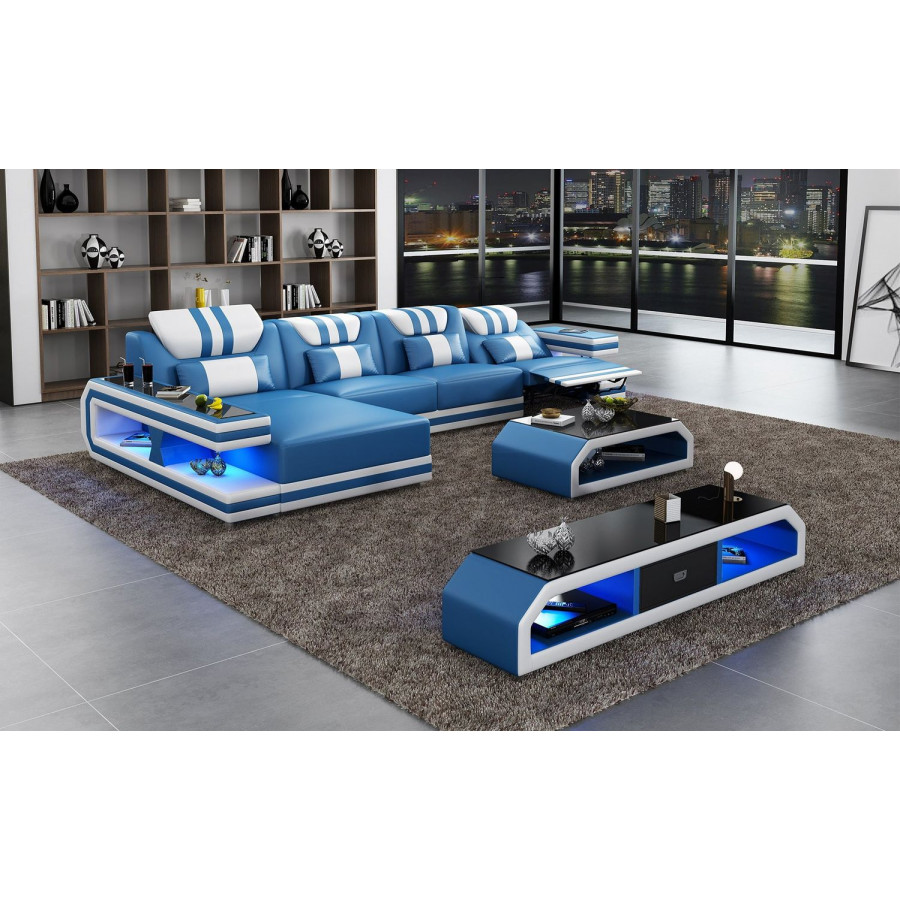 Jubilee Maximus Modern Recliner Left Hand Facing Sectional with Mood - Blue/White, Top Grain Italian Leather