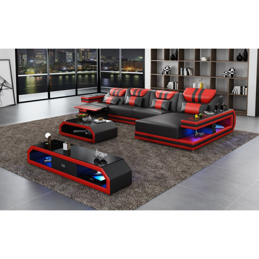 Jubilee Maximus Modern Recliner Right Hand Facing Sectional with Mood - Black/Red, Bonded Leather
