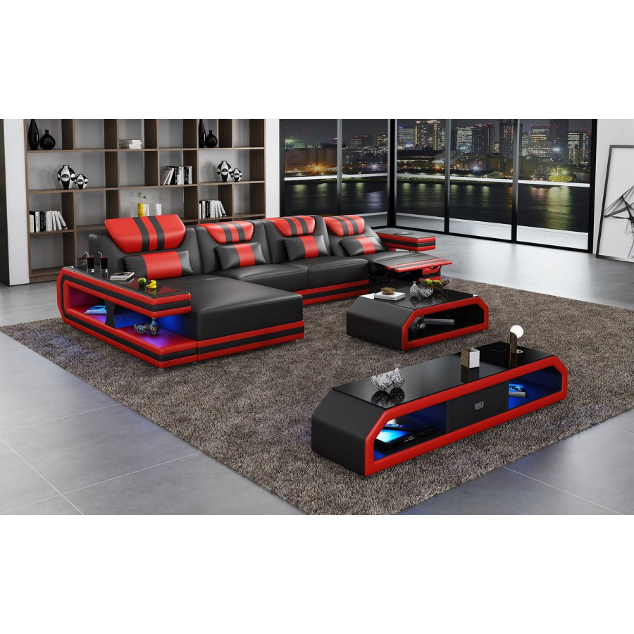 Jubilee Maximus Modern Recliner Left Hand Facing Sectional with Mood - Black/Red, Bonded Leather