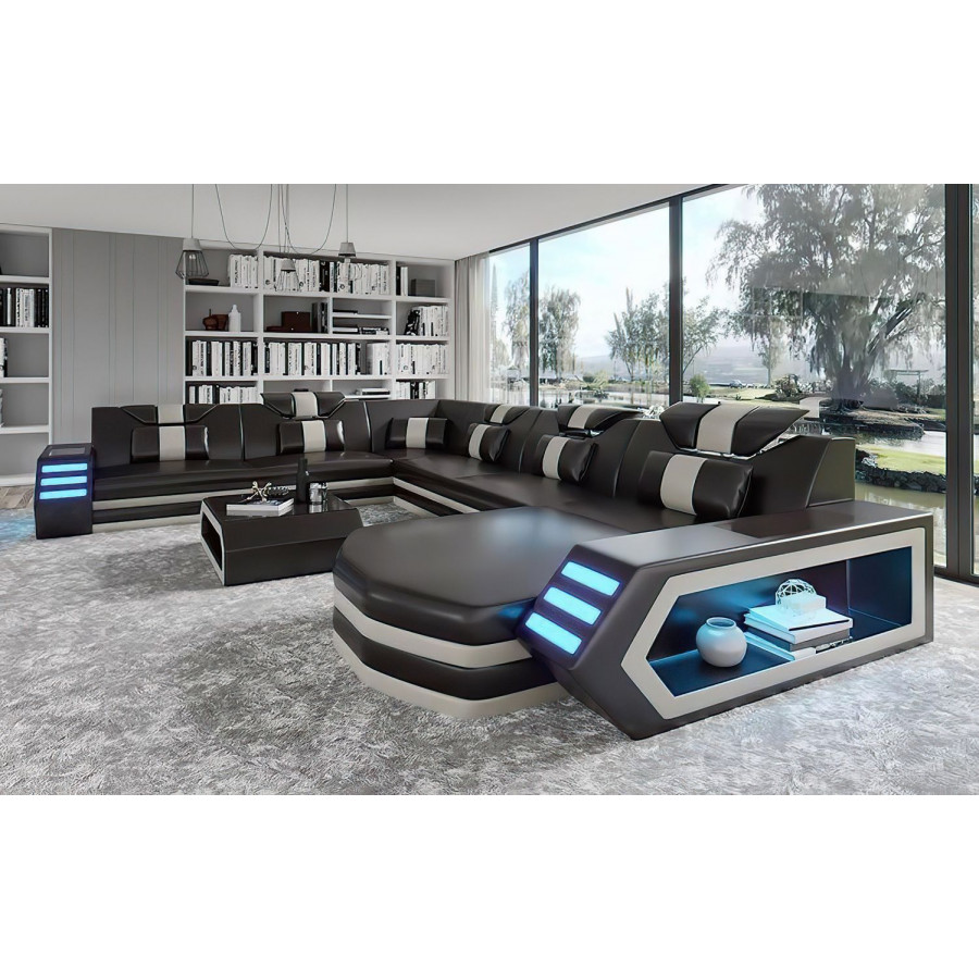Jubilee Eileend Right Hand Facing Sectional Sofa with Leds - Black/White, Bonded Leather
