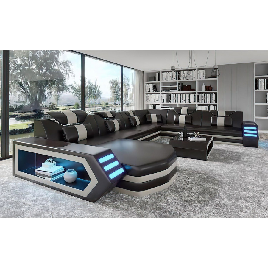 Jubilee Eileend Right Hand Facing Sectional Sofa with Leds - Black/White, Top Grain Italian Leather