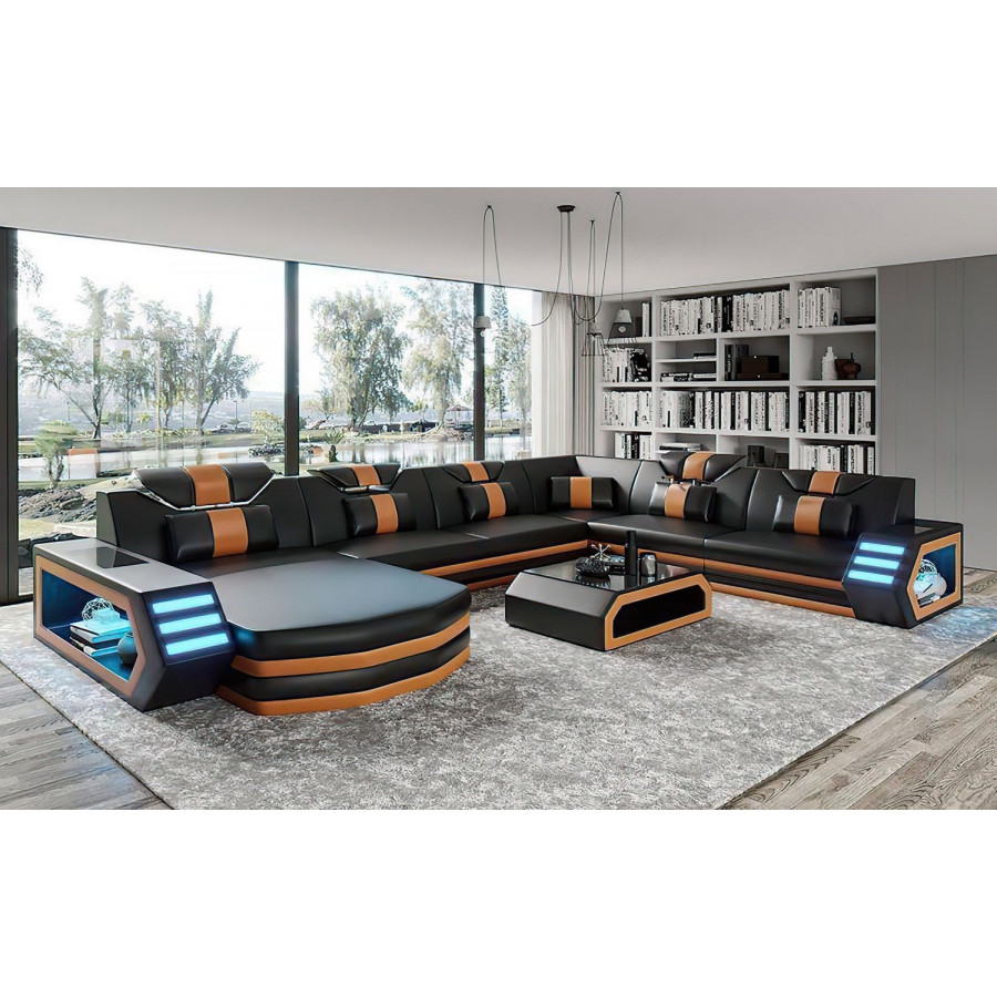 Jubilee Eileend Left Hand Facing Sectional Sofa with Leds - Black/Orange, Top Grain Italian Leather
