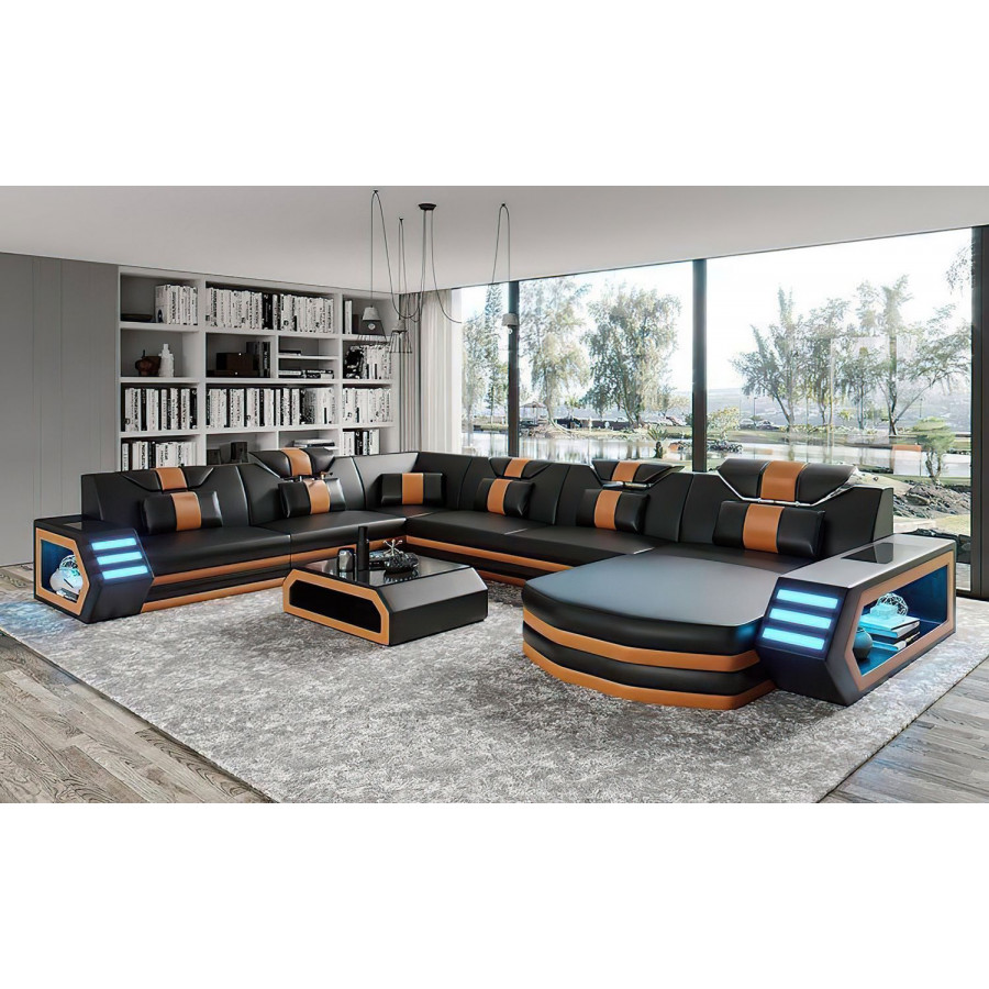 Jubilee Eileend Right Hand Facing Sectional Sofa with Leds - Black/Orange, Top Grain Italian Leather