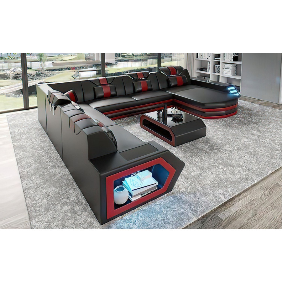Jubilee Eileend Right Hand Facing Sectional Sofa with Leds - Black/Red, Top Grain Italian Leather