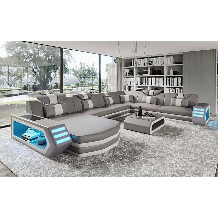 Jubilee Eileend Left Hand Facing Sectional Sofa with Leds - Light Gray/White, Bonded Leather