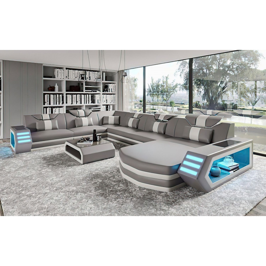 Jubilee Eileend Right Hand Facing Sectional Sofa with Leds - Light Gray/White, Bonded Leather