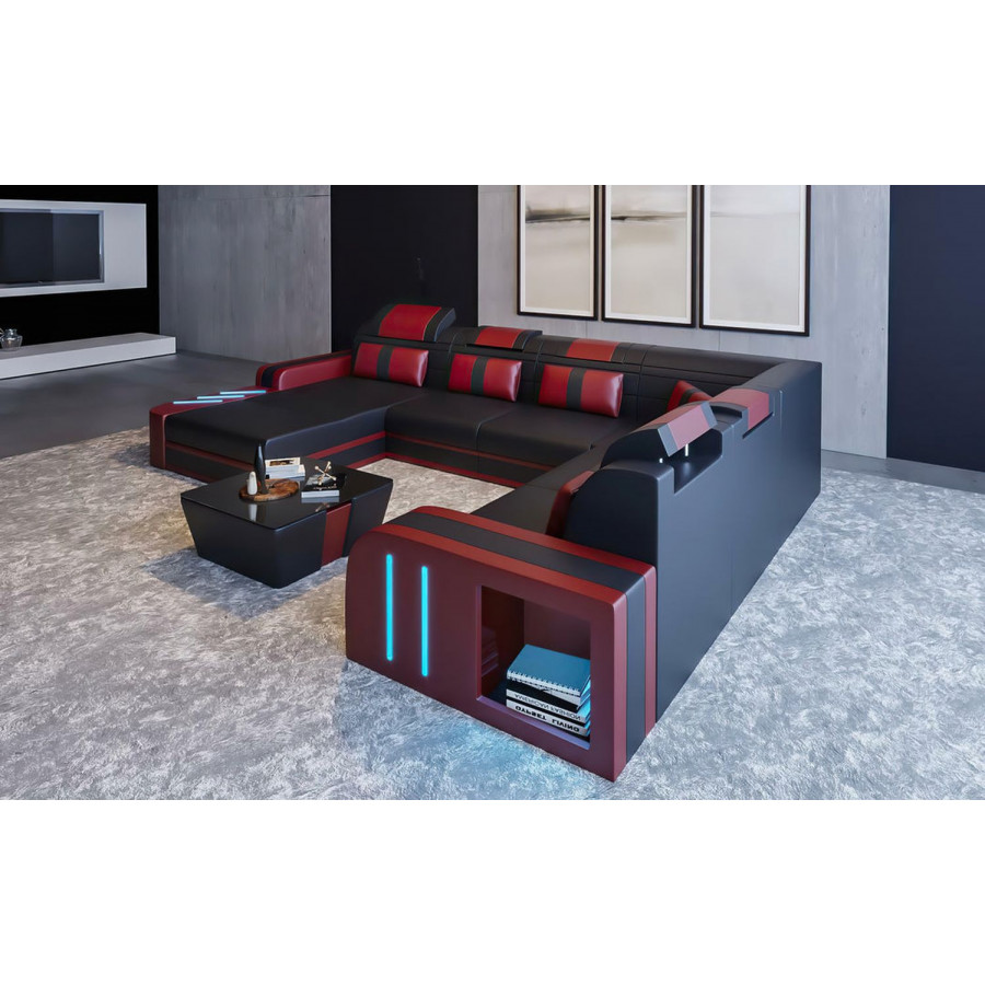 Jubilee Ralutic Modern U-Shape Right Hand Facing Sectional - Black/Red, Top Grain Italian Leather