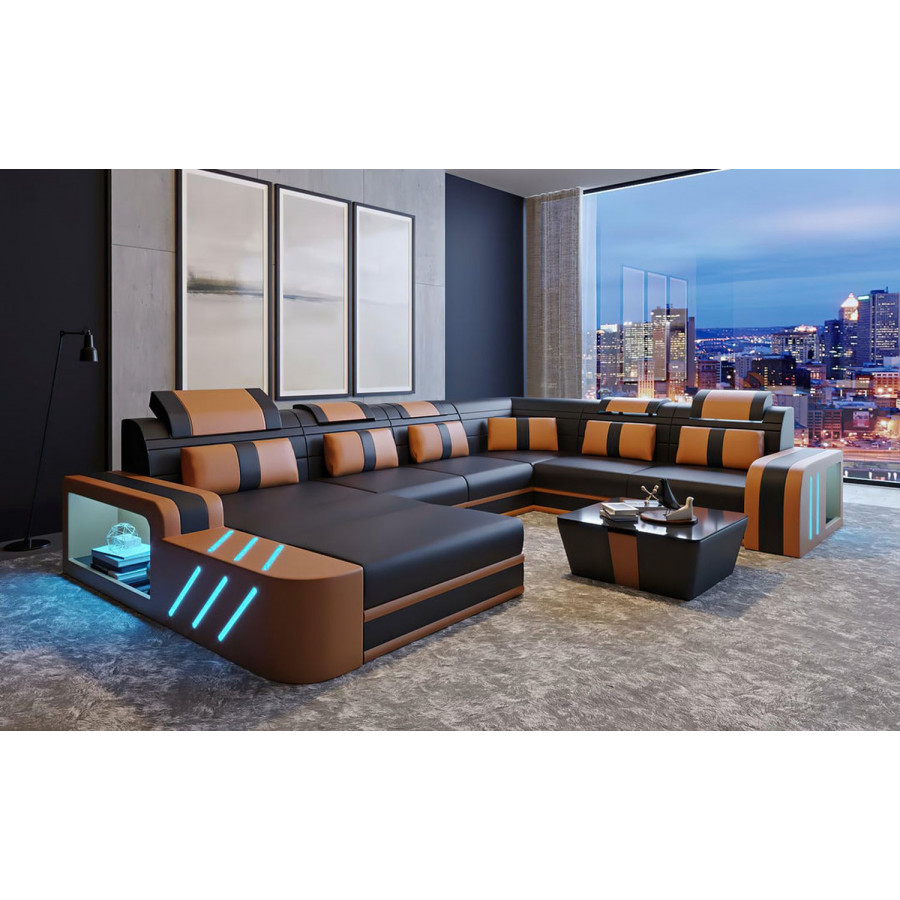 Jubilee Ralutic Modern U-Shape Right Hand Facing Sectional - Dark Brown/Tan, Top Grain Italian Leather