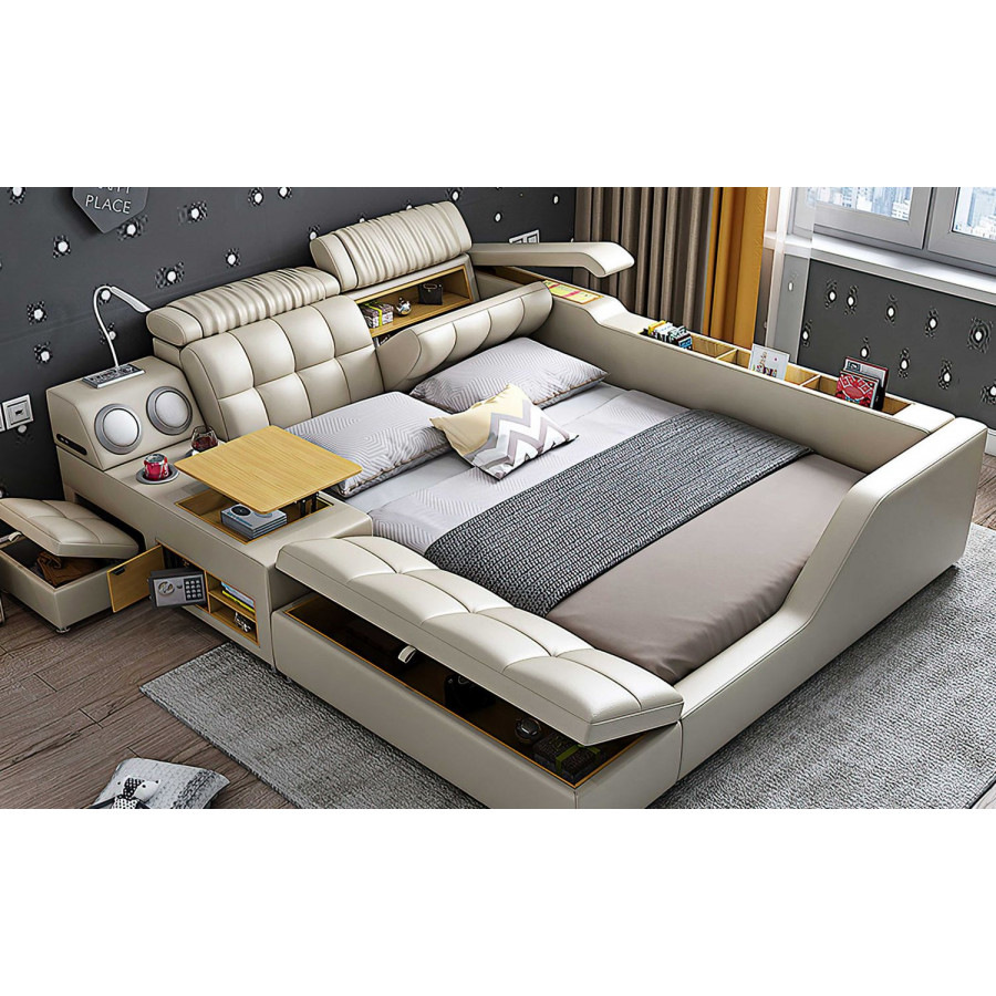 Jubilee Athena Modern Multifunctional Smart King Size Left Hand Facing Bed - Beige, Bonded Leather