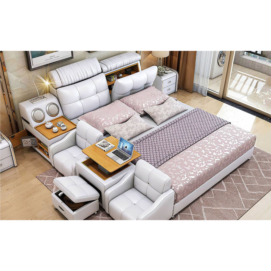 Jubilee Lucinda Modular Modern Multifunctional Smart Queen Size Right Hand Facing Bed - White, Fabric