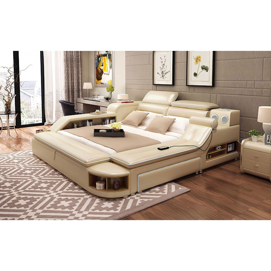 Jubilee Aria Modern Multifunctional Smart Queen Size Right Hand Facing Bed with Bluetooth Speakers - Beige/White, Fabric