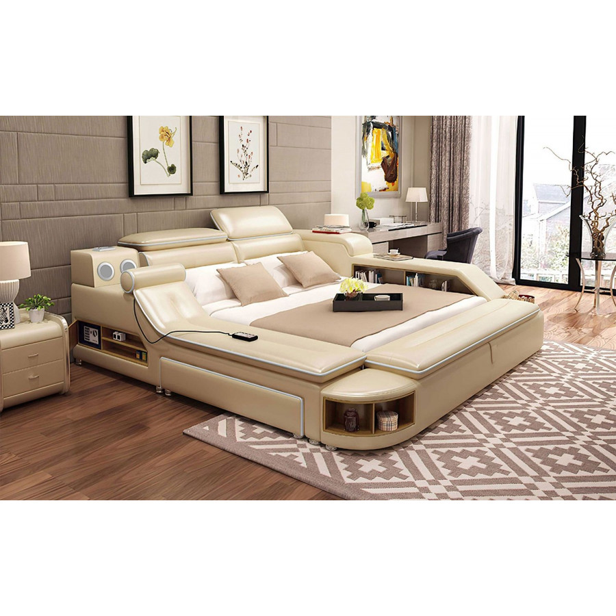Jubilee Aria Modern Multifunctional Smart King Size Left Hand Facing Bed with Bluetooth Speakers - Beige/White, Fabric