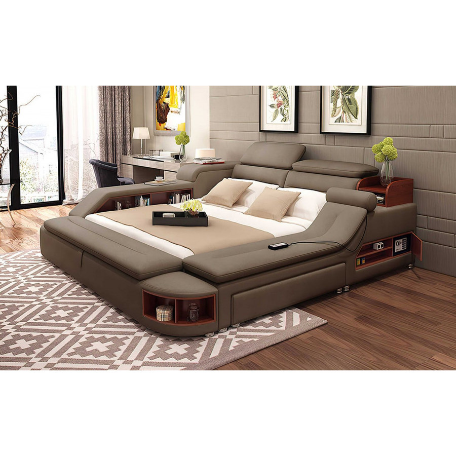 Jubilee Claudia Modern Multifunctional Smart Queen Size Left Hand Facing Bed with Bookshelves - Brown, Fabric