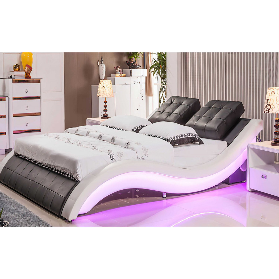 Jubilee Bianca Curved Modern Platform Smart King Size Bed with Led - Black/White, Bonded Leather