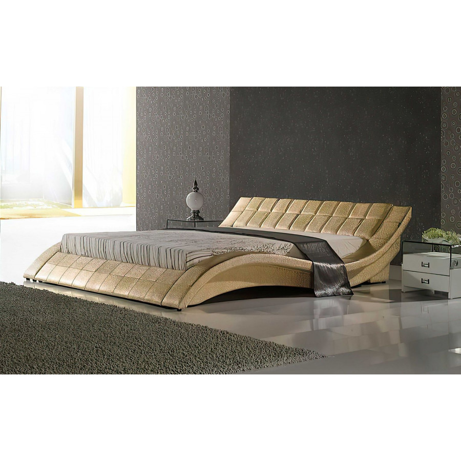 Jubilee Verdandi Curved Modern King Size Platform Bed - Gold, Top Grain Italian Leather