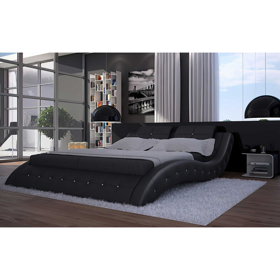Jubilee Hnoss Curved Modern King Size Platform Bed - Black, Bonded Leather