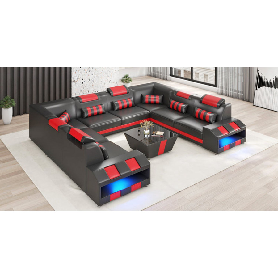 Jubilee Cosmo Xl U-Shape Modern Sectional with Led - Black/Red, Top Grain Italian Leather