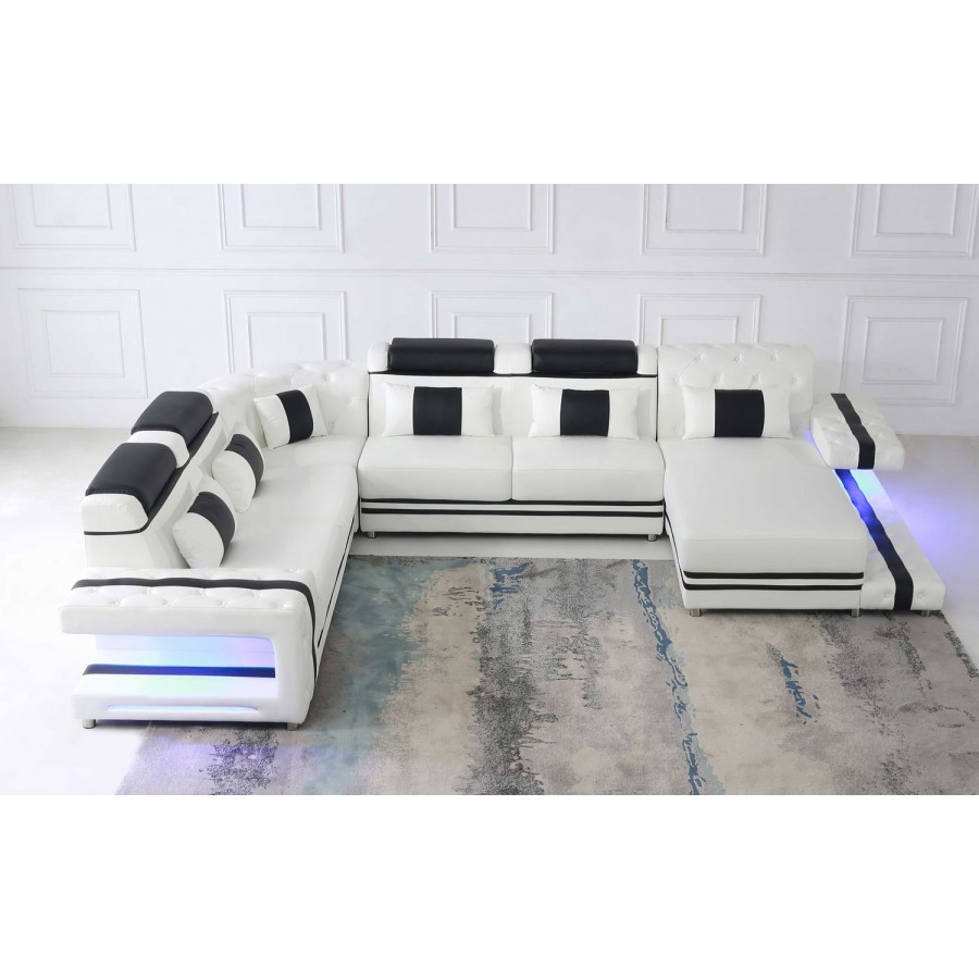 Jubilee Zion Modern Right Hand Facing Sectional Sofa with Led - White/Black, Top Grain Italian Leather