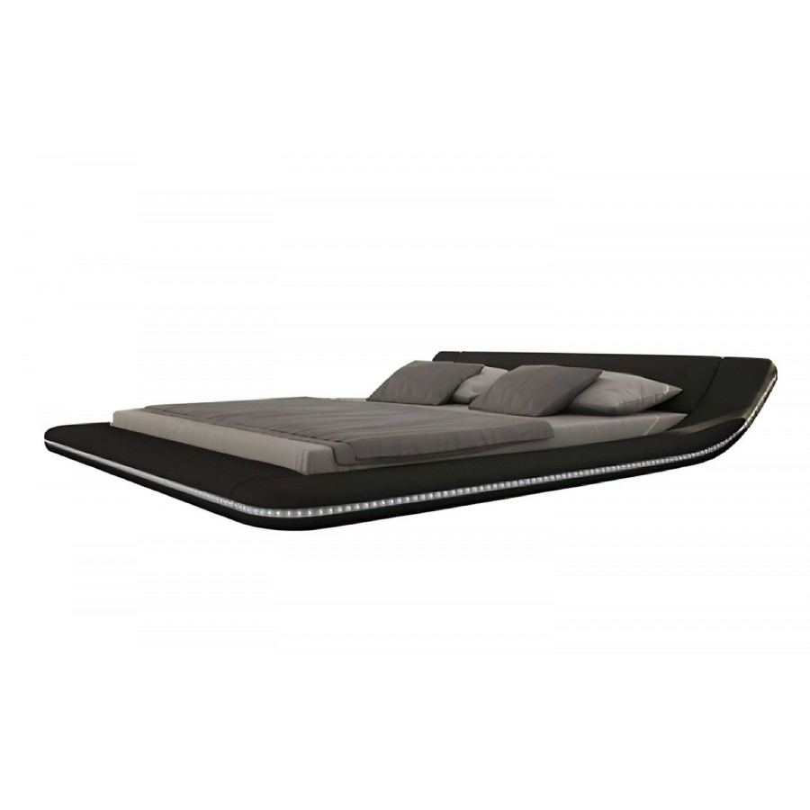 Jubilee Tavia Modern Minimalist King Size Bed with Leds - Black, Bonded Leather