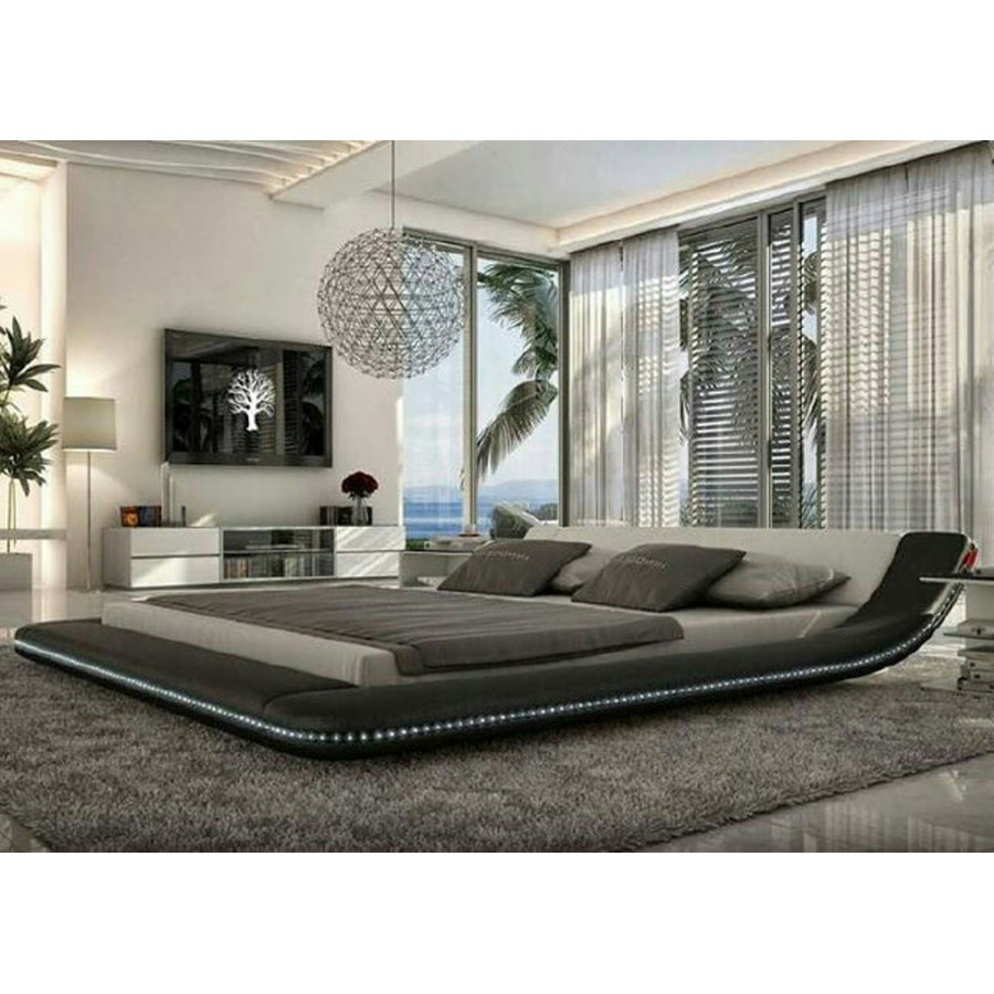 Jubilee Tavia Modern Minimalist King Size Bed with Leds - Gray/Black, Bonded Leather
