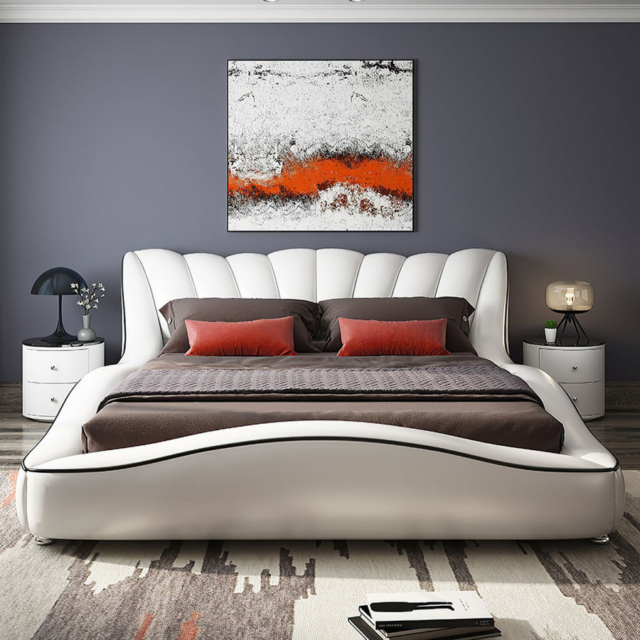 Jubilee Dax Modern Curved Queen Size Bed - White, Bonded Leather