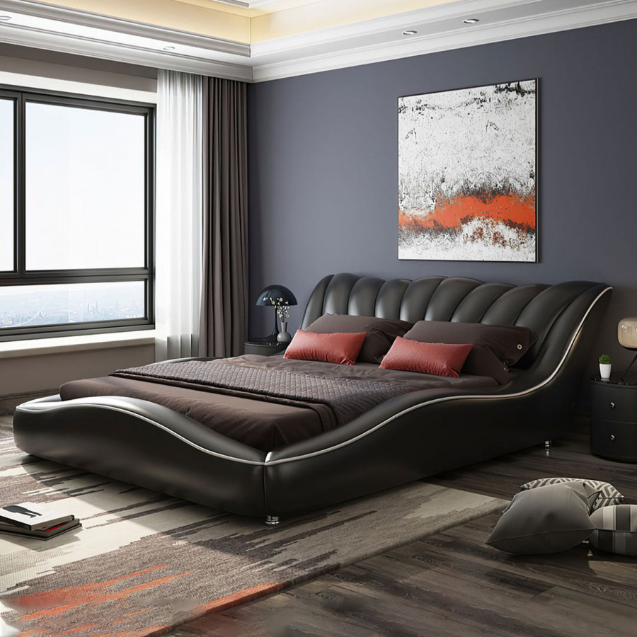 Jubilee Dax Modern Curved King Size Bed - Black, Bonded Leather