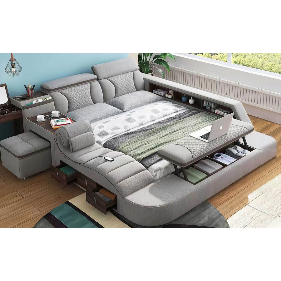Jubilee Paxton Modern Multifunctional Smart Queen Size Left Hand Facing Bed - Light Gray/Brown, Fabric