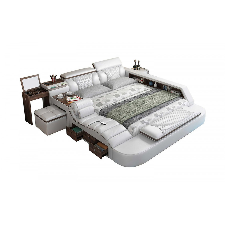 Jubilee Paxton Modern Multifunctional Smart King Size Left Hand Facing Bed - Light Gray/Brown, Bonded Leather