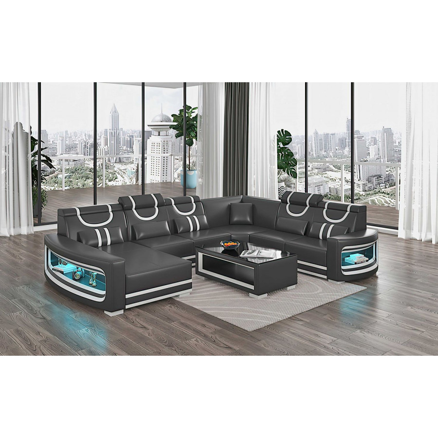 Jubilee Luca Modern U-Shape Left Hand Facing Sectional with Led - Black/White, Bonded Leather