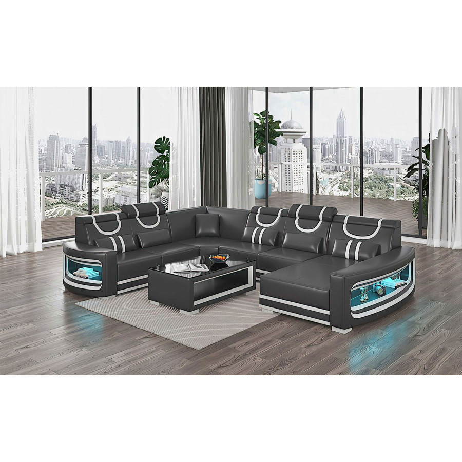 Jubilee Luca Modern U-Shape Right Hand Facing Sectional with Led - Black/White, Bonded Leather