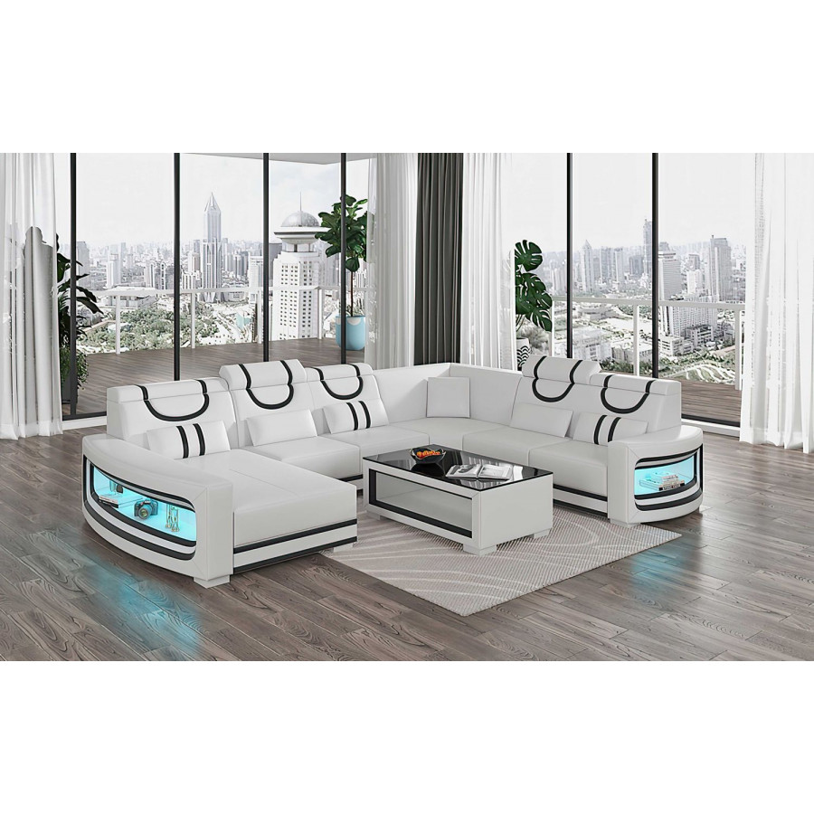 Jubilee Luca Modern U-Shape Left Hand Facing Sectional with Led - White/Black, Top Grain Italian Leather