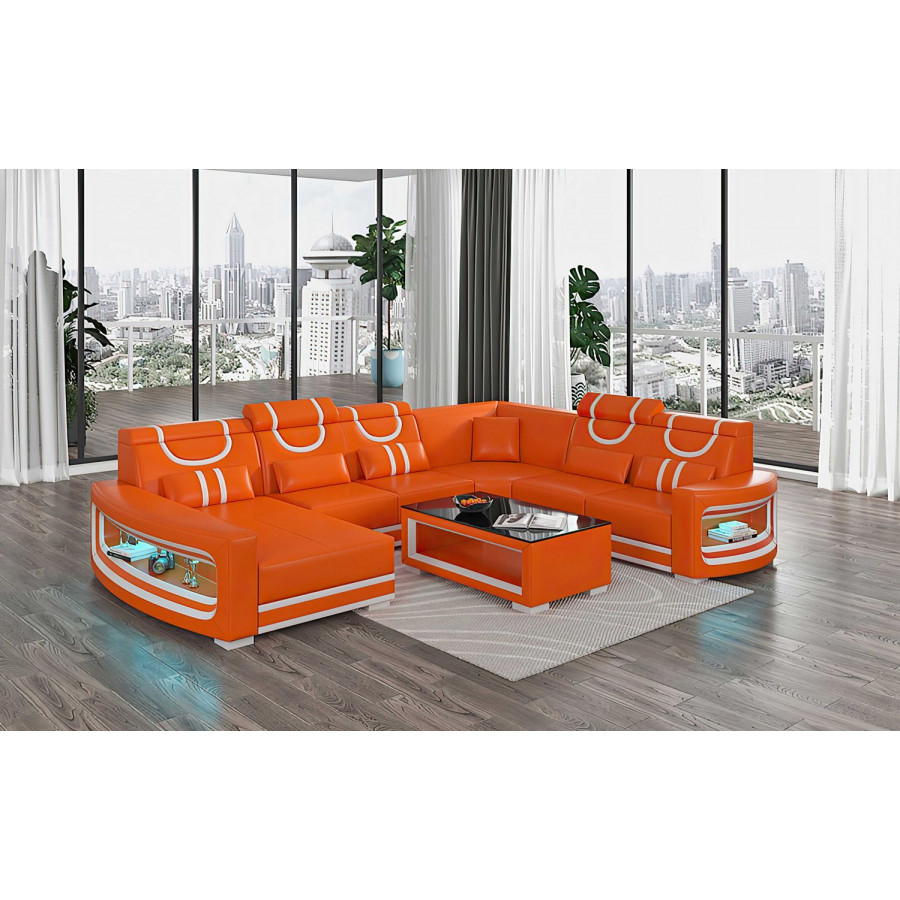 Jubilee Luca Modern U-Shape Left Hand Facing Sectional with Led - Orange/White, Bonded Leather