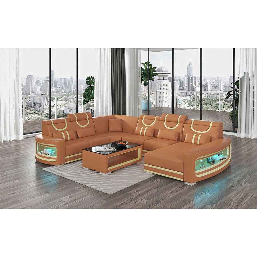 Jubilee Luca Modern U-Shape Right Hand Facing Sectional with Led - Brown/Beige, Bonded Leather