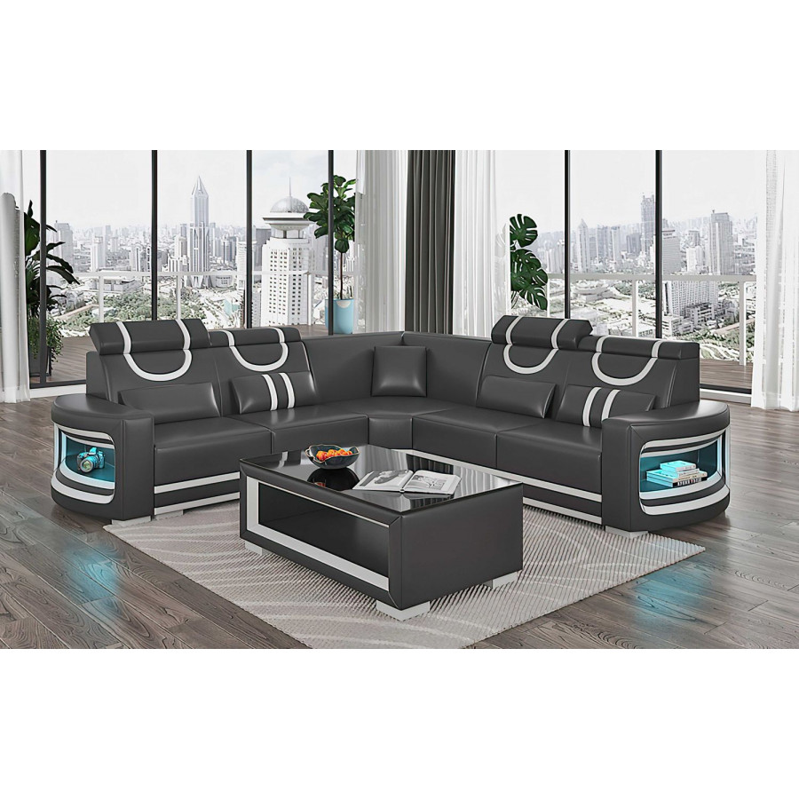 Jubilee Luca Modern Corner Sectional with Led - Black/White, Bonded Leather