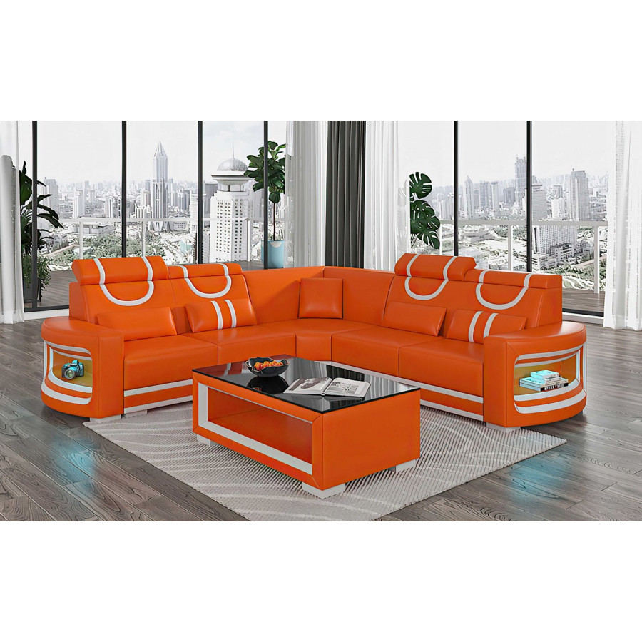 Jubilee Luca Modern Corner Sectional with Led - Orange/White, Bonded Leather