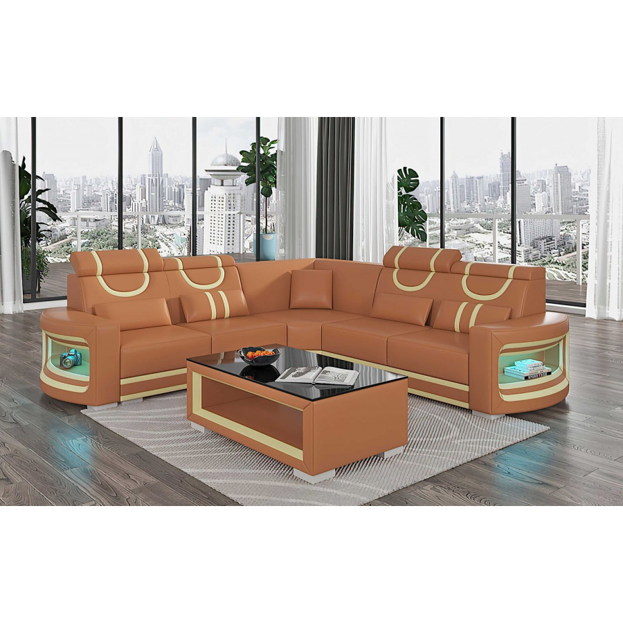Jubilee Luca Modern Corner Sectional with Led - Brown/Beige, Bonded Leather