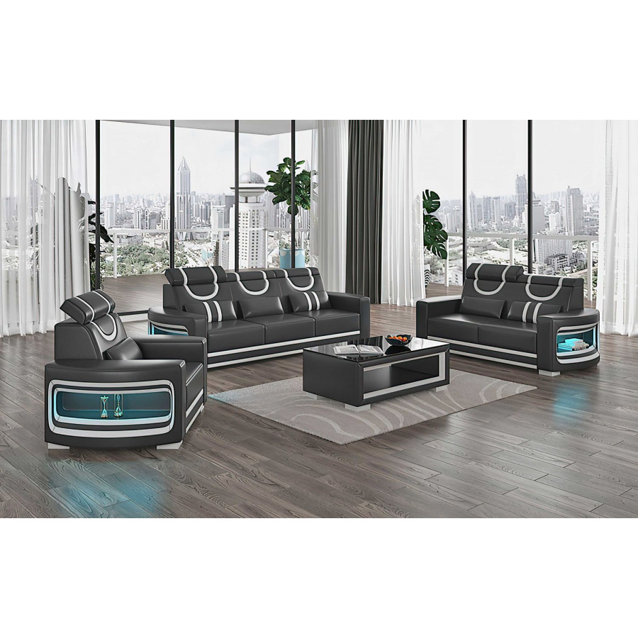 Jubilee Luca Modern Sofa Set with Led - Black/White, Top Grain Italian Leather
