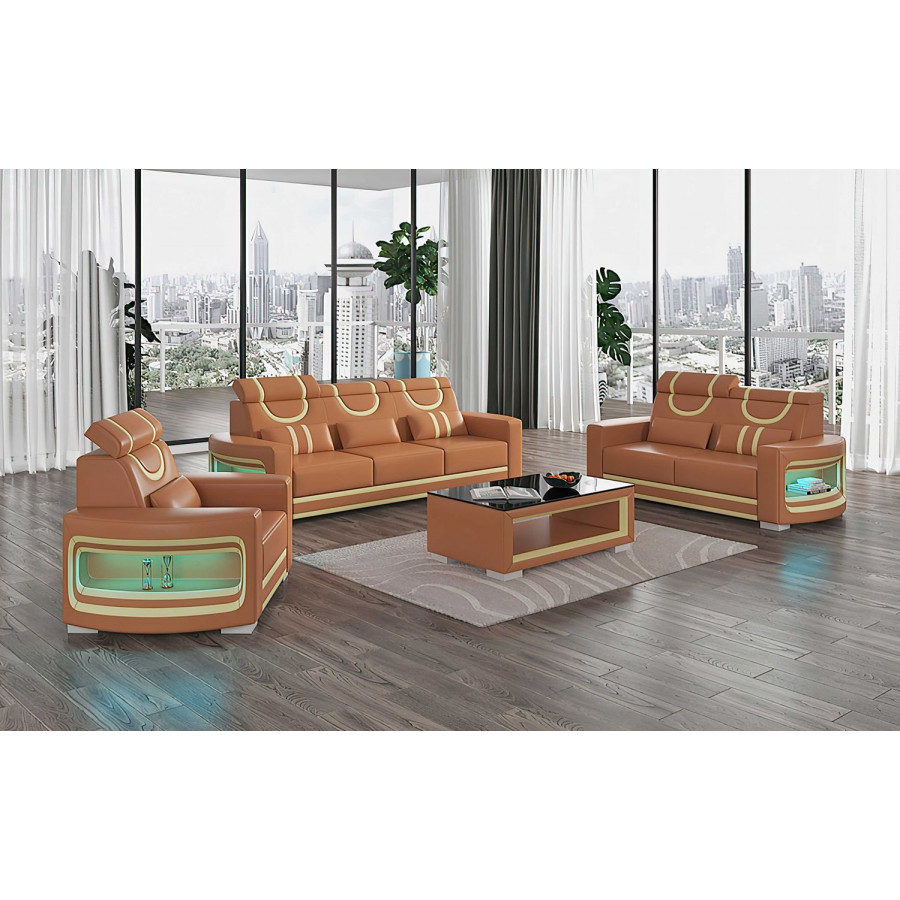 Jubilee Luca Modern Sofa Set with Led - Brown/Beige, Top Grain Italian Leather