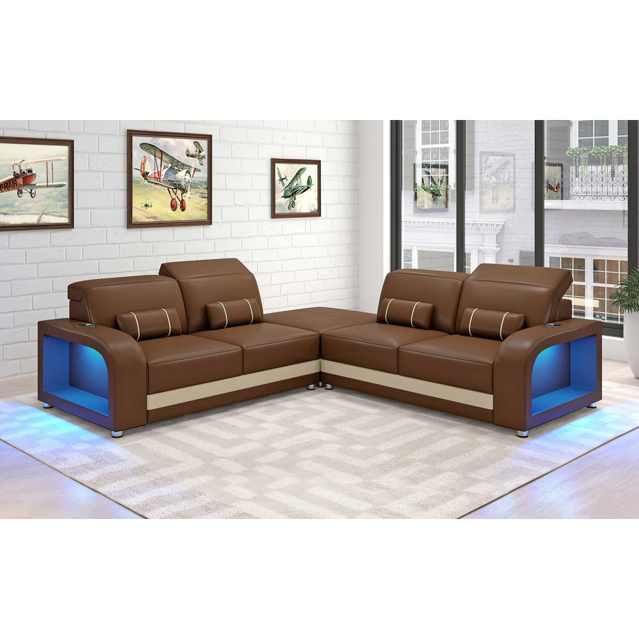 Jubilee Ronan Modern Sectional with Led - Brown/Beige, Bonded Leather