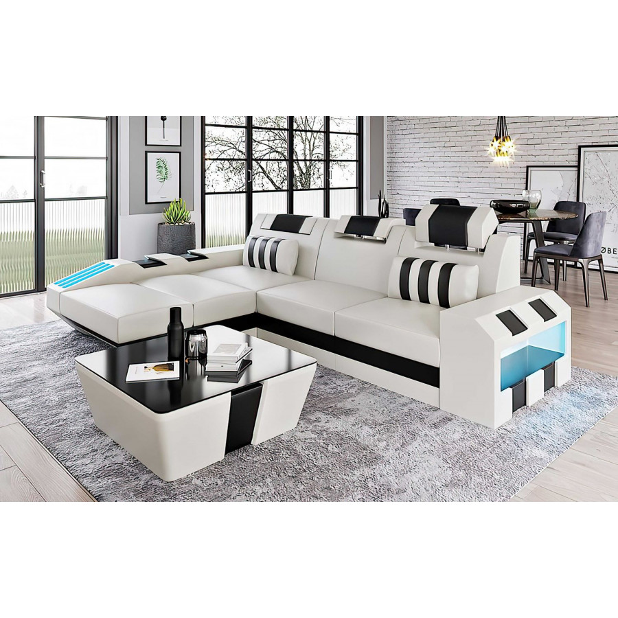 Jubilee Cosmo Small Modern Left Hand Facing Sectional with Led - White/Black, Bonded Leather