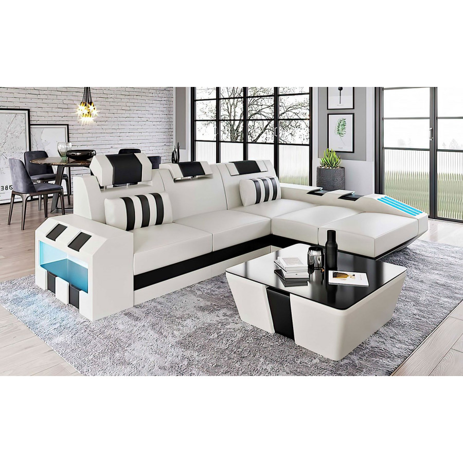 Jubilee Cosmo Small Modern Right Hand Facing Sectional with Led - White/Black, Bonded Leather