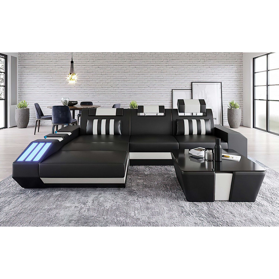 Jubilee Cosmo Small Modern Left Hand Facing Sectional with Led - Black/White, Bonded Leather